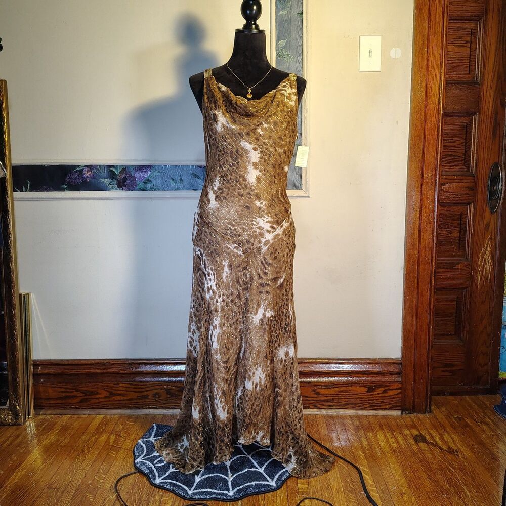 Leopard Print Beaded Draping Chest Lace Mob Wife Prom Maxi Dress Y2k NWTS